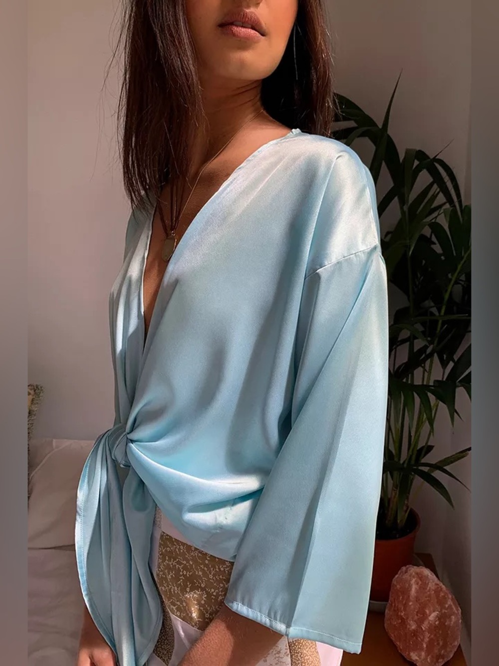 Silky Tie-Front Blouse in Dusty Blue